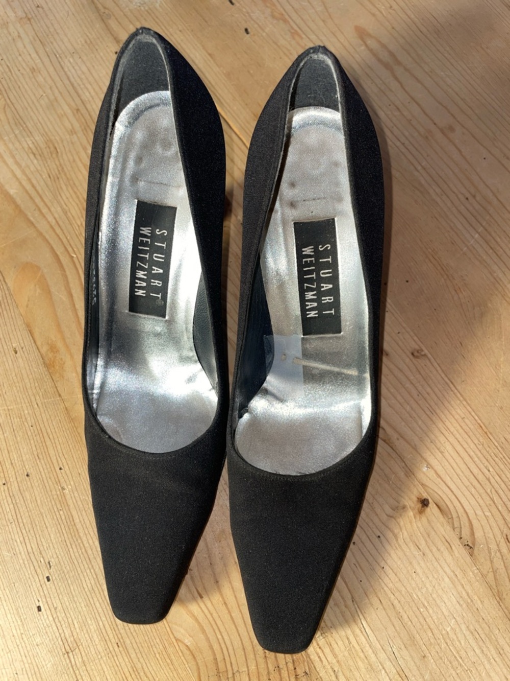 Stuart Weitzman Black Square-Toe Satin Pumps 6 Very Good Condition